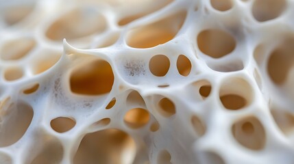 Aufkleber - Close-up view of a porous, off-white structure with numerous interconnected cavities and irregular shapes, resembling a sponge or bone. : Generative AI