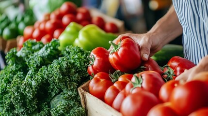 Aufkleber - A person's hands carefully select ripe, red tomatoes from a wooden crate at a farmer's market, surrounded by fresh green kale and bell peppers. : Generative AI