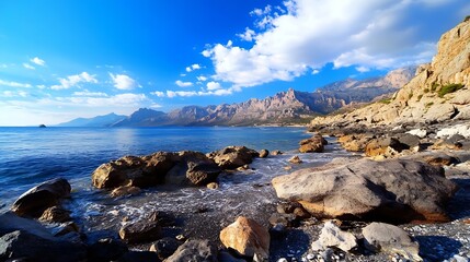 Poster - Serene coastal scene featuring a rocky shoreline, clear blue water, and majestic mountains under a vibrant sky.  The tranquil atmosphere is enhanced by gentle waves lapping against the : Generative AI