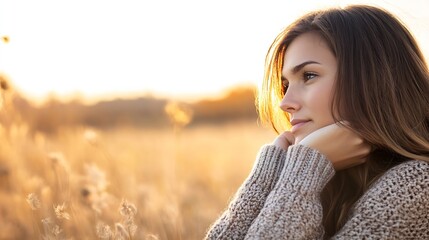 Aufkleber - Young woman in beige sweater contemplates sunset in autumnal field, peaceful serene expression, golden hour light : Generative AI