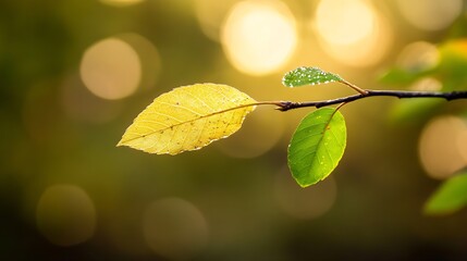Poster - A single branch with two leaves, one yellow and one green, illuminated by soft sunlight, bokeh background. : Generative AI