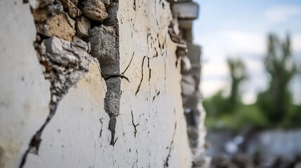 Aufkleber - Close-up view of a weathered, crumbling wall, showing cracked white plaster and exposed stonework.  The background is softly blurred, hinting at greenery and a summer sky. : Generative AI