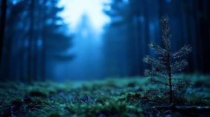 Leinwandbilder - A lone, young pine sapling stands in a dark, mysterious forest at twilight, its needles glistening with dew, creating a serene and enchanting scene. : Generative AI