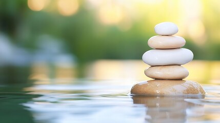 Leinwandbilder - Serene Stack of Smooth Stones in Calm Water, a Peaceful Zen Garden Scene with a Soft, Blurred Green Background. : Generative AI