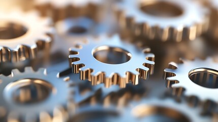 Aufkleber - Close-up view of metallic gears interlocked, showcasing intricate detail and precision engineering.  The image evokes themes of teamwork, mechanics, and industrial design. : Generative AI