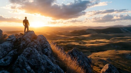 Poster - Silhouette of a man standing on a rocky mountain peak, gazing at a breathtaking sunset over a vast, golden landscape. : Generative AI
