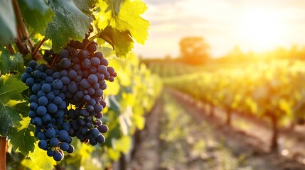 Aufkleber - A cluster of ripe, dark-purple grapes hangs from a vine in a sun-drenched vineyard, bathed in the warm golden light of sunset. : Generative AI