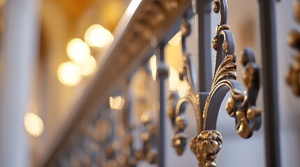 Aufkleber - Close-up of ornate, gray metal railing with gold accents, showcasing intricate scrollwork and floral details; blurred background suggests an elegant interior setting. : Generative AI