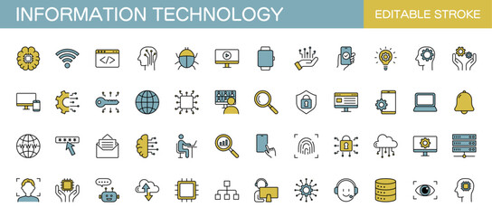 Colored information technology icon set. IT network, data, internet, website. Vector Illustration, editable stroke