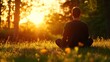 © Generative AI - Silhouette of a man meditating in a field at sunset, bathed in warm golden light, peaceful and serene atmosphere. : Generative AI