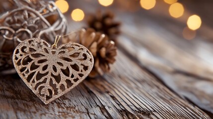 Poster - A gold glitter heart ornament rests on rustic wood, bokeh lights in the background, creating a warm, festive Christmas scene. : Generative AI