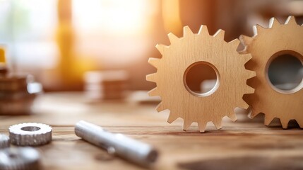Aufkleber - Two wooden gears rest on a light brown wooden surface, with blurred metal gears and a shaft in the foreground, bathed in warm, sunlit ambiance. : Generative AI