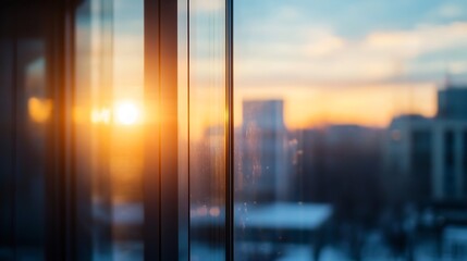 Poster - Sunset view through modern glass window panes, showcasing a blurred cityscape at golden hour.  Warm orange and blue hues dominate the scene, creating a serene and peaceful atmosphere. : Generative AI