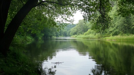 Aufkleber - Serene river scene framed by lush green foliage, reflecting tranquil water, a peaceful summer day in a natural woodland setting. : Generative AI
