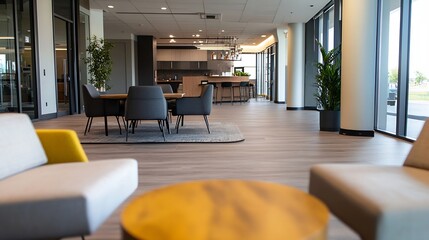 Fototapete - Modern office lounge area with gray chairs, wooden table, and a kitchenette in the background, featuring large windows and natural light. : Generative AI