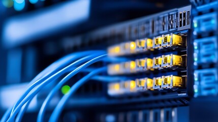 Poster - Close-up view of network cables connected to illuminated ports on a server rack, showcasing data transfer and connectivity. : Generative AI