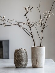 Aufkleber - Minimalist home decor featuring a flowering branch in two stone vases on a marble table, creating a serene and elegant atmosphere. : Generative AI