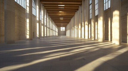 Poster - Sunlit Modern Hallway with Concrete Pillars and Large Windows, Casting Long Shadows on the Floor.  A Minimalist Architectural Interior Design. : Generative AI
