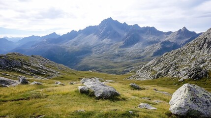 Poster - Majestic mountain range viewed from a grassy valley, showcasing rugged peaks and scattered boulders under a partly cloudy sky.  The scene evokes a sense of serenity and adventure. : Generative AI