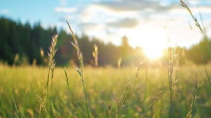 Aufkleber - Golden hour sunlight illuminates tall grass blades in a vibrant green meadow, creating a serene and peaceful nature scene. : Generative AI