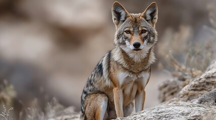 Naklejka na meble A lone coyote sits perched on a rocky outcrop, its gaze fixed directly at the viewer, showcasing its striking coat of brown, tan, and black fur against a blurred desert background. : Generative AI