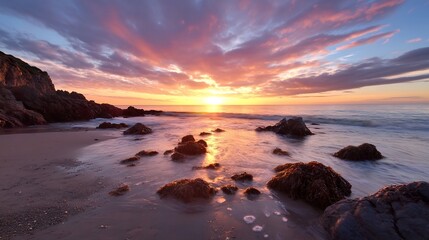 Poster - Serene coastal sunset scene with rocks, seaweed, and a vibrant sky.  Golden hour light illuminates the ocean waves gently lapping the shore. : Generative AI