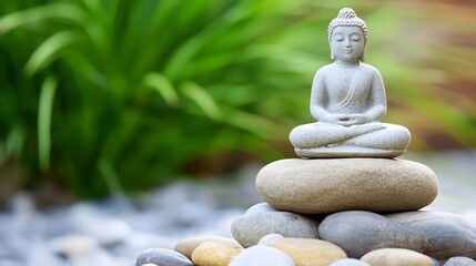 Aufkleber - Serene Buddha statue meditates atop a carefully balanced stack of smooth, grey, and beige stones, set against a softly blurred backdrop of lush green foliage. : Generative AI