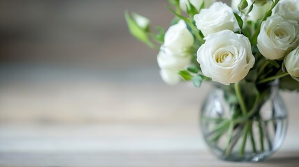 Poster - Close-up of a bouquet of delicate white roses arranged in a clear glass vase, sitting on a light wooden surface. Soft, natural light illuminates the scene. : Generative AI