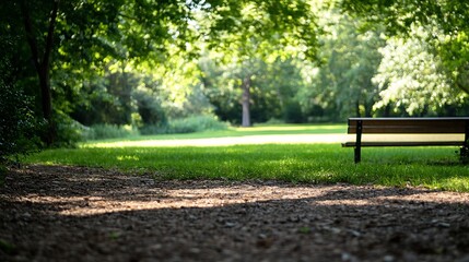 Aufkleber - Serene park scene featuring a wooden bench under dappled sunlight, surrounded by lush green grass and trees, creating a peaceful atmosphere. : Generative AI