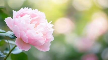 Aufkleber - Close-up view of a delicate pink rose blossom, showcasing its soft petals and gentle curves against a blurred green garden background. The image evokes feelings of serenity and natural : Generative AI