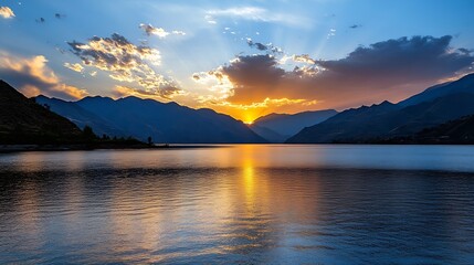 Poster - Serene sunset over a tranquil lake nestled amidst majestic mountains, the golden hour light reflecting beautifully on the calm water, creating a breathtaking landscape. : Generative AI