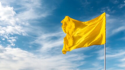 Aufkleber - Bright yellow flag billowing in a vibrant blue sky, with fluffy white clouds providing a dramatic contrast. The flag's fabric ripples in the wind, creating dynamic texture. : Generative AI