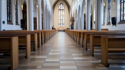 Poster - Empty church interior with wooden pews, high ceilings, and a large stained-glass window, showcasing a serene and peaceful atmosphere. : Generative AI