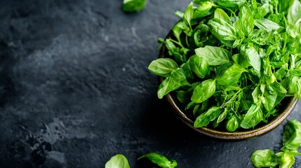 Aufkleber - Fresh green basil leaves in a rustic bowl, dark background, close-up view of vibrant herb, culinary ingredient, healthy food, aromatic plant, cooking, recipe, mediterranean cuisine. : Generative AI