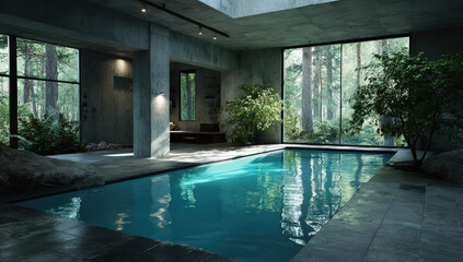 Poster - Indoor swimming pool in a modern concrete house with large windows overlooking a lush forest, sunlight streams through the windows illuminating the teal water.