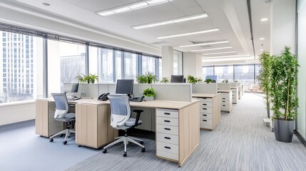 Fototapete - Modern, light-filled office interior with sleek workstations, ergonomic chairs, and potted plants, showcasing a contemporary workspace design. : Generative AI