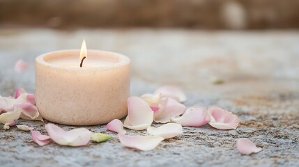 Aufkleber - A lit beige candle sits on a rustic surface surrounded by delicate pink rose petals, creating a serene and peaceful atmosphere. : Generative AI