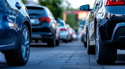 Poster - Close-up view of parked cars on a city street, showcasing sleek, dark-colored vehicles and a paved road surface.  The image emphasizes the details of the car's tires and bodywork. : Generative AI