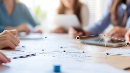 Fototapete - Blurred businesspeople collaborating around a table, documents, and a superimposed network graphic illustrating interconnectedness and data flow. : Generative AI