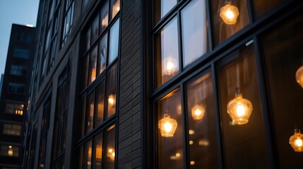 Aufkleber - Evening ambiance: illuminated windows of a modern city building, showcasing warm-toned pendant lights reflecting in the glass panes, creating a cozy urban scene. : Generative AI