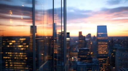Poster - Cityscape reflection in modern skyscraper window at sunset, showcasing warm golden hues and blurred city lights, offering a tranquil urban scene. : Generative AI