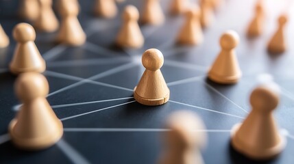 Aufkleber - Wooden pawns arranged on a dark surface, interconnected by lines, representing a network or social connections.  A central pawn highlights a key node or individual within the system. : Generative AI