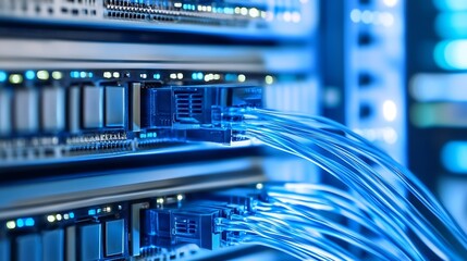 Poster - Close-up view of fiber optic cables connected to a server rack, showcasing the intricate network infrastructure and data transfer technology. : Generative AI