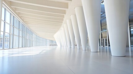 Poster - Modern architecture interior: sunlit hallway with white columns and expansive windows, creating a bright and spacious atmosphere. : Generative AI