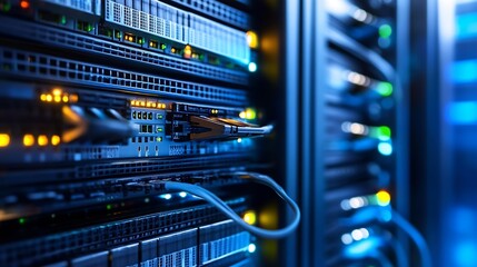 Poster - Close-up view of a server rack with fiber optic cables connected, showcasing data center technology and network infrastructure. : Generative AI