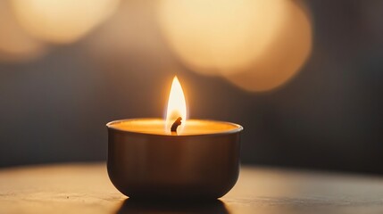Leinwandbilder - A single, flickering candle flame illuminates a dark room, casting a warm glow against a blurred, bokeh background. The candle is in a metallic, bronze-colored container, sitting on a  : Generative AI