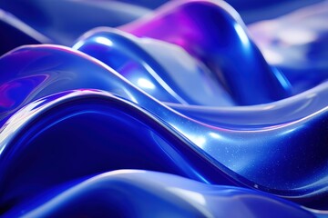 Wall Mural - shiny, abstract blue waves with a metallic texture and hints of purple and reflections under glowing