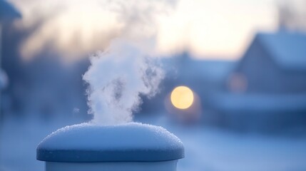 Poster - Steam rises from a snow-covered vent against a soft, blurred winter landscape at sunset, creating a serene and peaceful atmosphere. : Generative AI