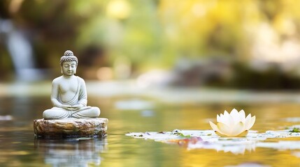 Aufkleber - Serene buddha statue meditates peacefully on a rock in a calm pond, a white water lily floats nearby reflecting tranquility and inner peace. : Generative AI