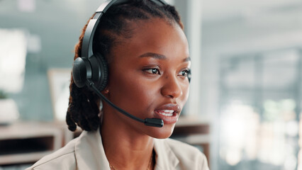 Poster - Black woman, headset and callcenter agent in workplace, microphone and telemarketing business. Communication, contact with African sales consultant and telecom agency, talk and outbound phone call